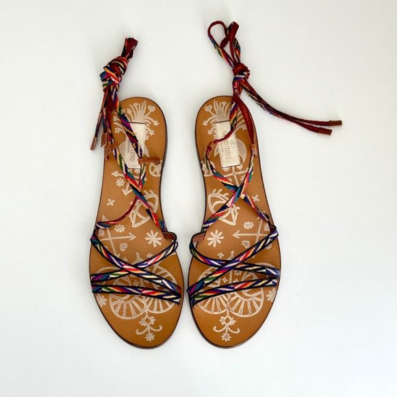 VALENTINO GARAVANI Santeria Native Ankle Wrap Flat Sandals in Multicolor Sz 8 - Picture 1 of 6